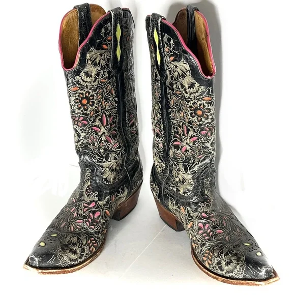 Johnny Ringo Cowboy Boots Genuine Leather Floral Overlay Black Pink Lime Yellow - Picture 7 of 12